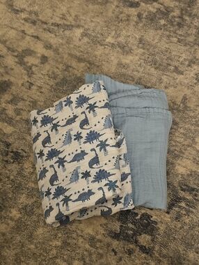 Modern Baby 2Pk Muslin Swaddle Blanket 100% Cotton, Solid Blue/ Dinosaur